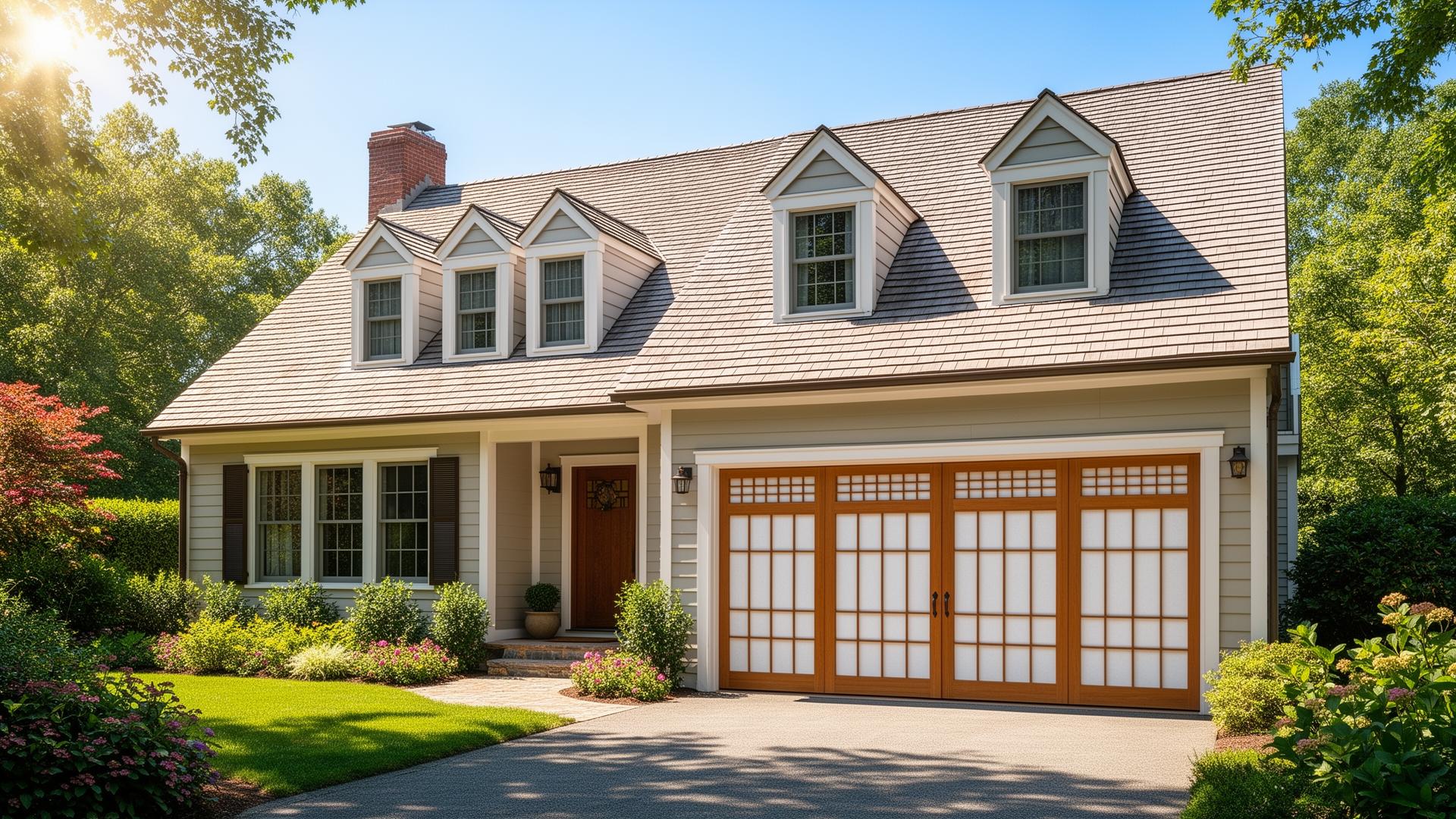 Beautiful Cape Cod home with Asian-inspired aluminum garage doors featuring shoji screen panels - professional garage door installation by Garage Door Packwood
